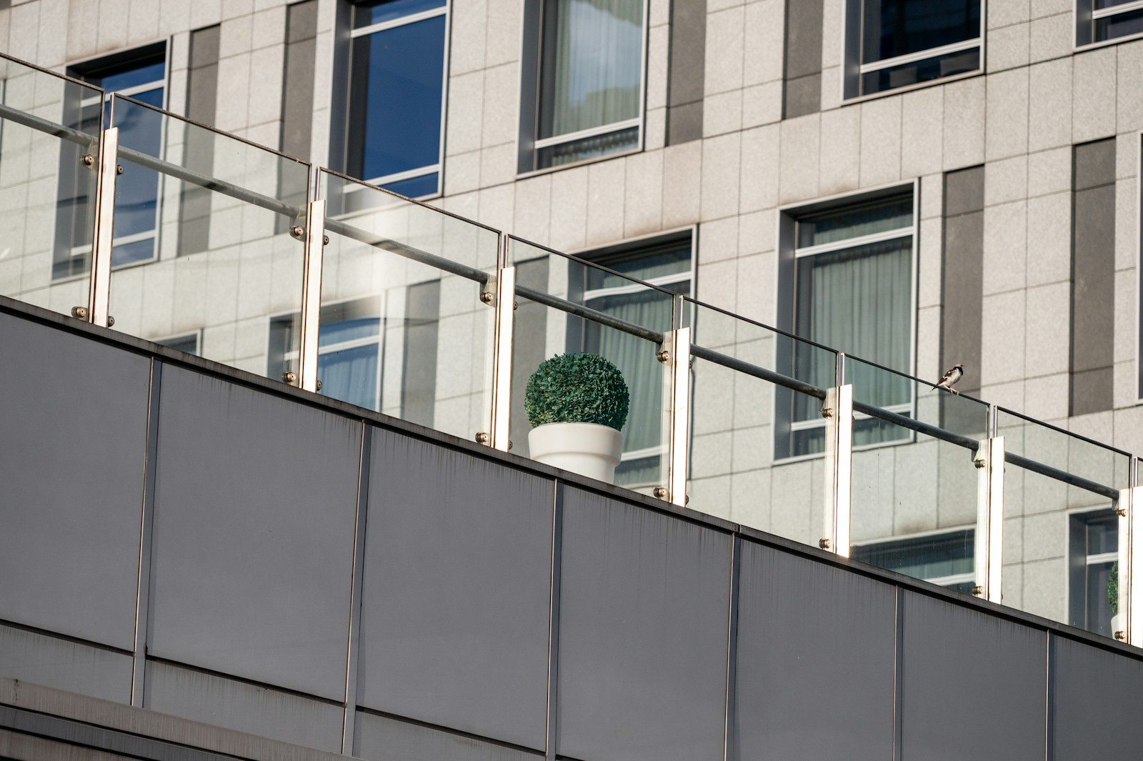 Barandilla de vidrio con postes metálicos en una terraza como referencia para barandillas de aluminio